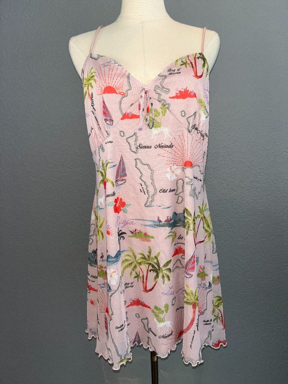 URBAN OUTFITTERS ELODIE TROPICAL MAP PRINT MESH MINI DRESS SPAGHETTI STRAPS  XXL